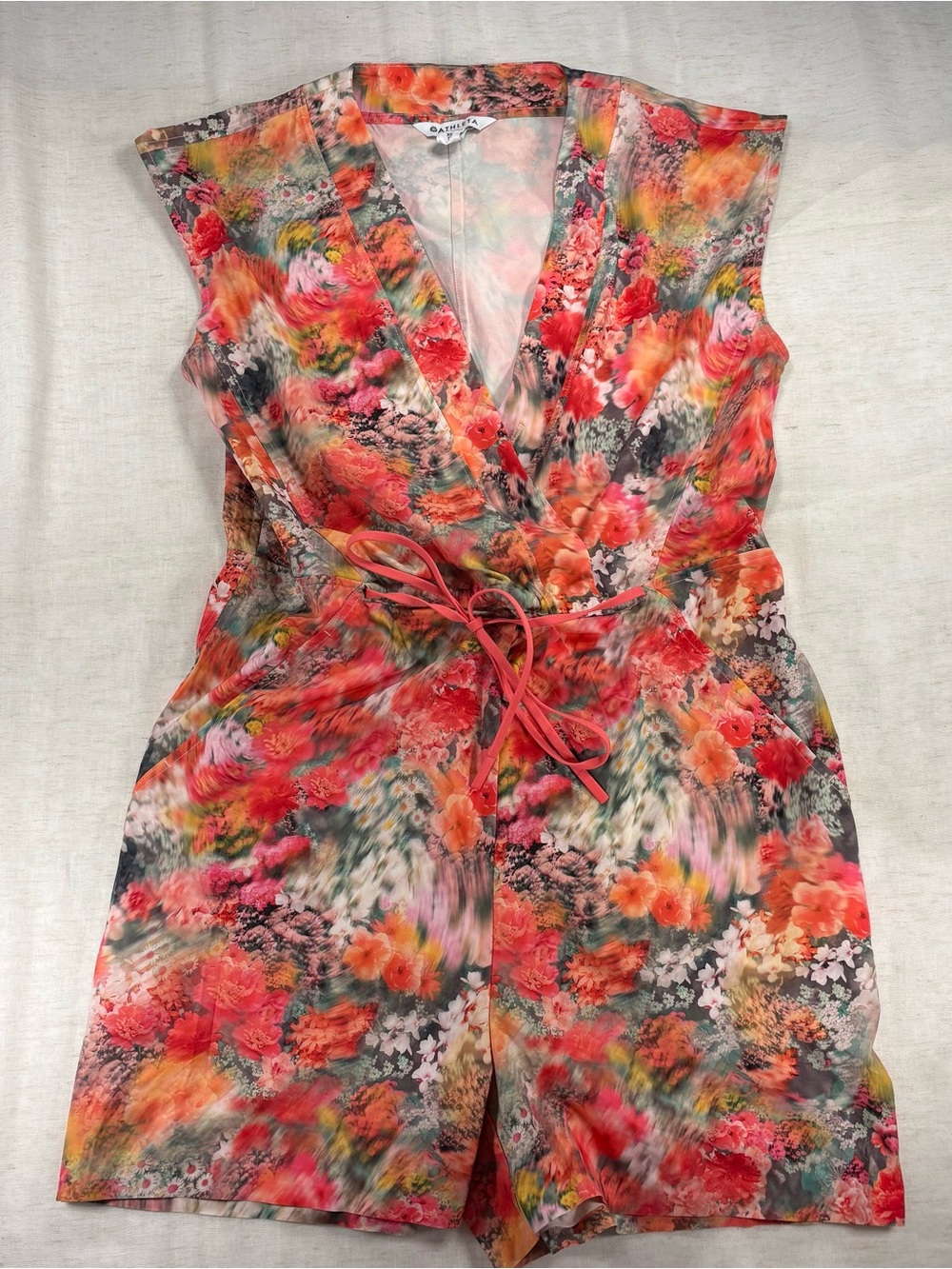 Athleta Floral Tie-Waist Romper in Coral, Pink & Green